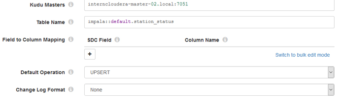 Kudu connection configuration in StreamSets.