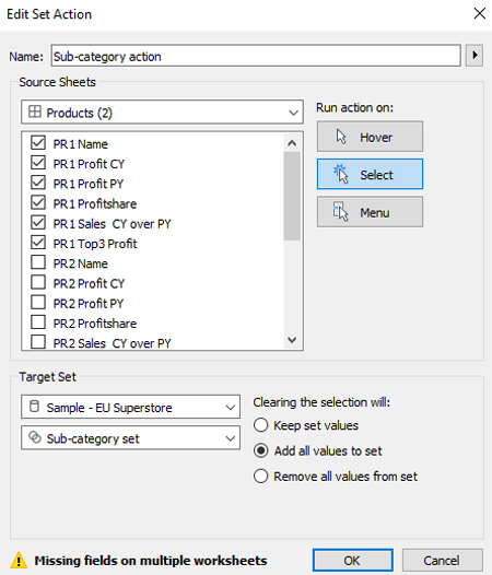 create the action using the created set