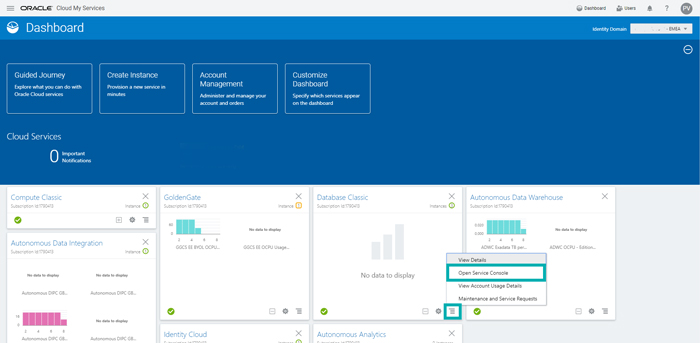 Oracle Cloud Portal Dashboard 