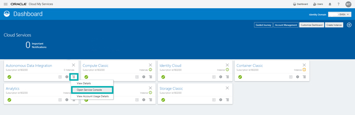 Action Menu and Open Service Console located in the Data Integration section