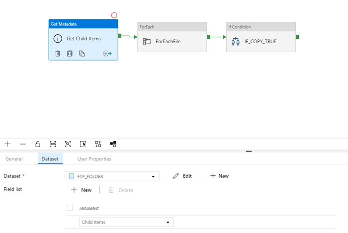 Configuration of the Get Metadata activity