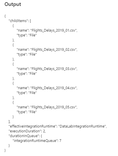 Example of the output of the Get Metadata activity