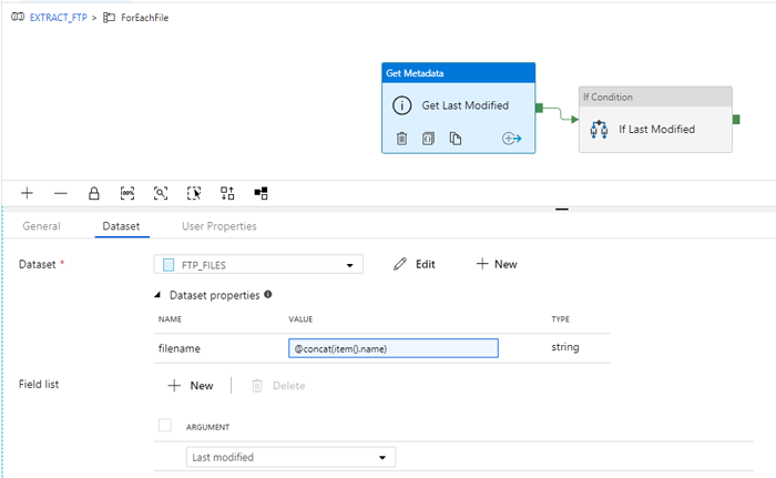 Configuration of the Get Metadata activity