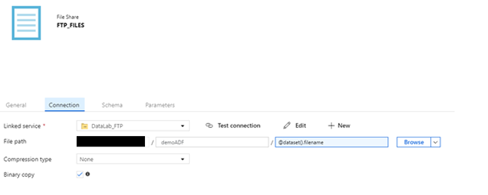 Configuration of the FTP Source Dataset (file level)