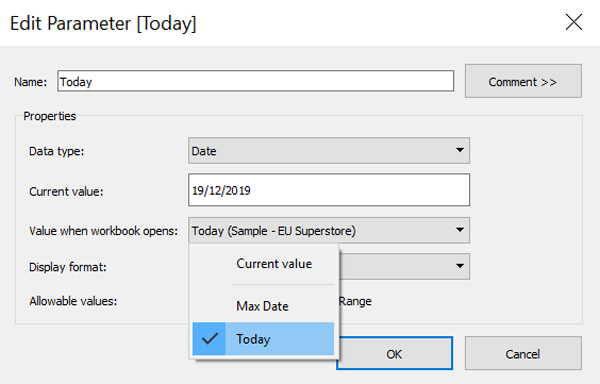 Creating a parameter pointing to the Today function