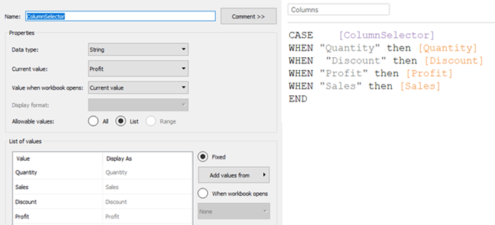 Create a calculated field with the fields to compare and a parameter as a selector