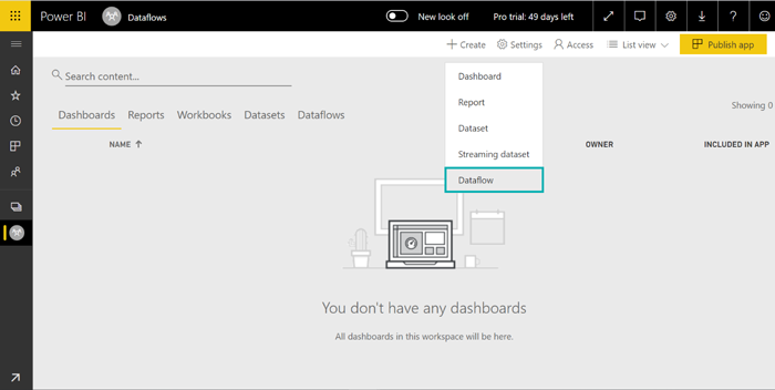 Create new dataflow inside a workspace