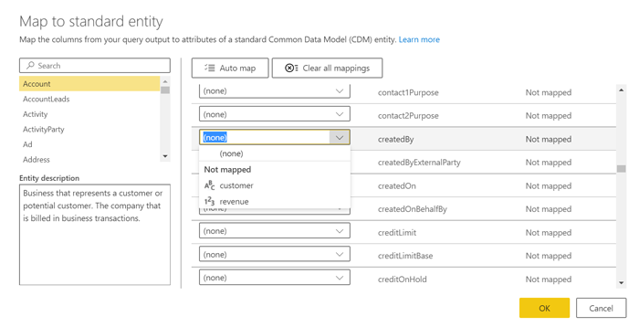 Map to standard Common Data Model entity window