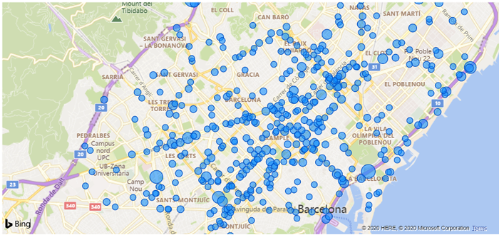 Power BI default map displaying victims in accidents by their location