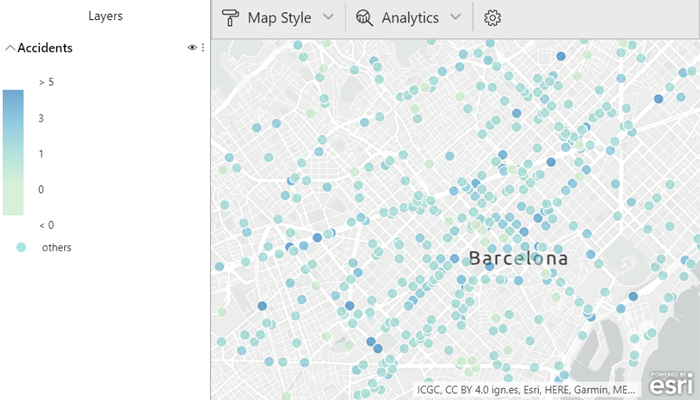 ArcGIS Colour map displaying victims in accidents by their location