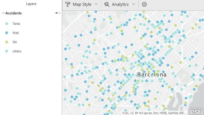 ArcGIS Colour map displaying accidents by time of day and location