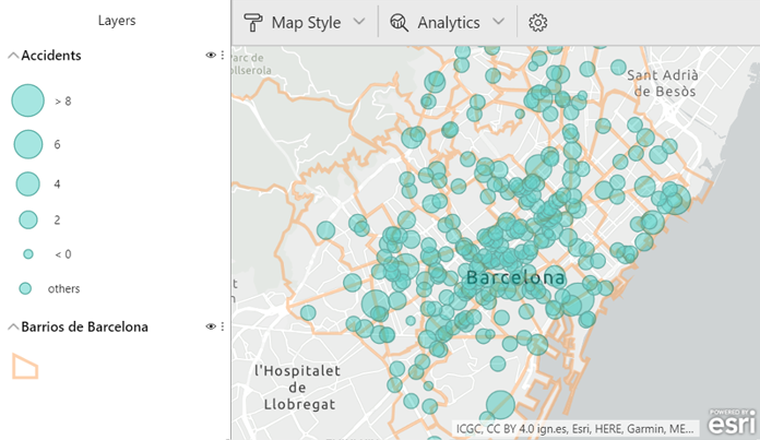 Accidents in Barcelona using a reference layer of Barcelona neighbourhoods