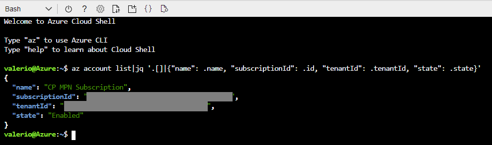 Subscription details displayed on the Azure Bash shell.