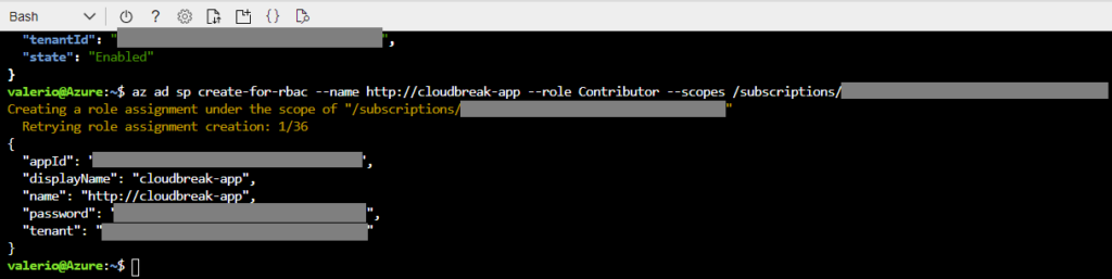 Creating the required application on Azure and assigning it the Contributor role.