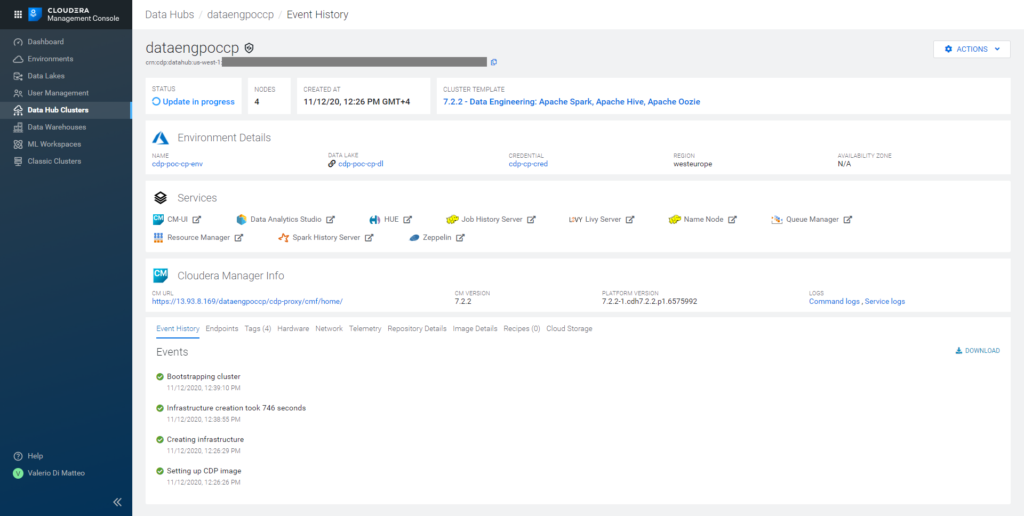 Details of our Data Engineering Data Hub cluster.