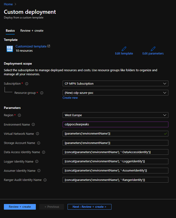 - Details of the custom resource group deployment generated by the script provided by Cloudera.