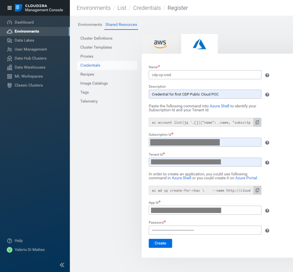 Creating Azure Credentials in the CDP Management Console.