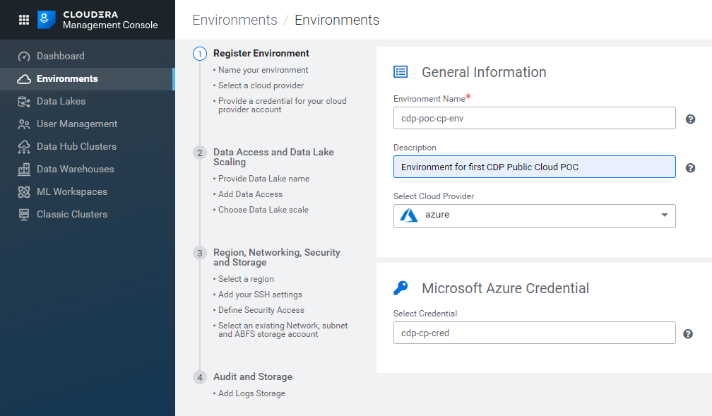 Registering an Azure environment in CDP, 1/5.