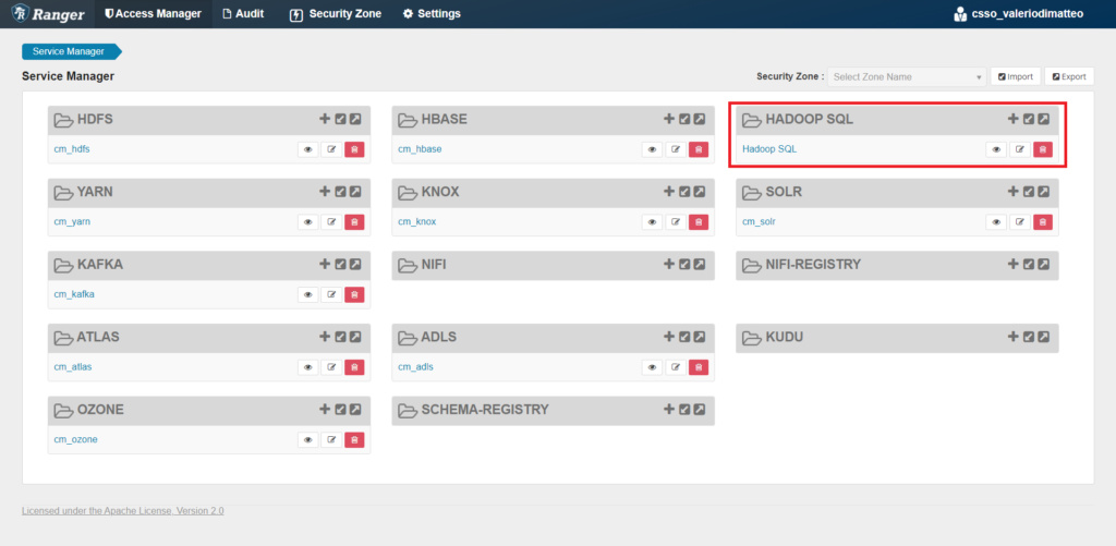 - Ranger's landing page and the Hadoop SQL section.