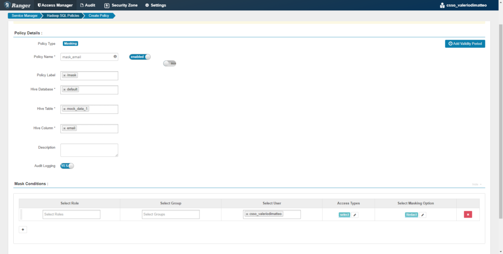 Creation of a Data Masking policy for column email.