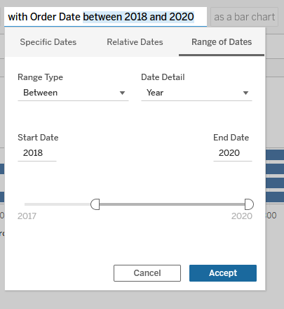 New Ask Data menu for date range selection