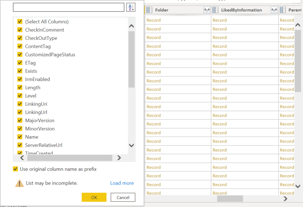 Example of columns that are obtained using the SharePoint Online List connector