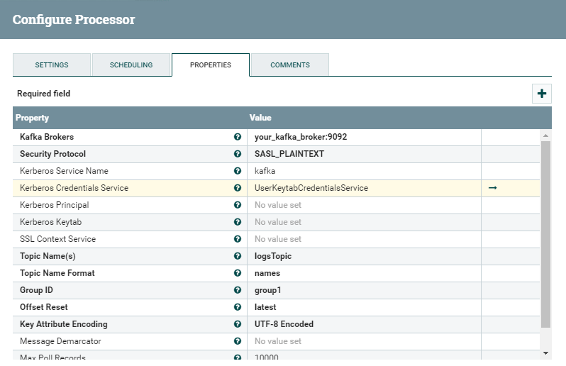 Details of the ConsumerKafka processor with Kerberos settings