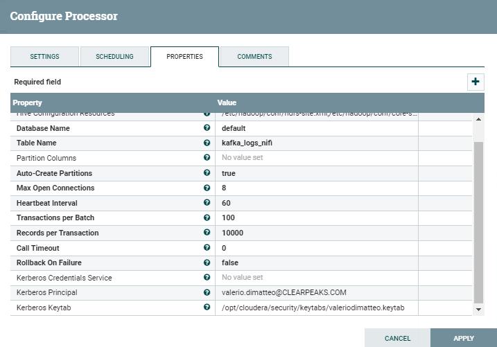 Details of the PutHiveStreaming processor with Kerberos settings