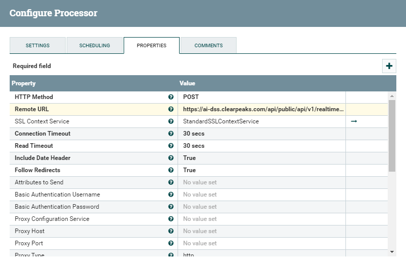 Settings of the InvokeHTTP processor