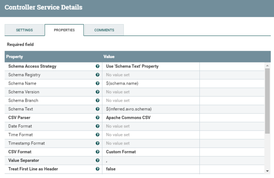 Settings of the Convert Reader controller service