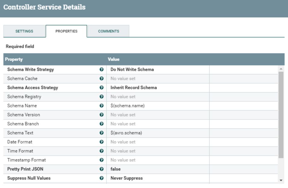 Settings of the Convert Writer controller service