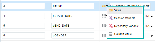 Options to set up a parameter in an action link