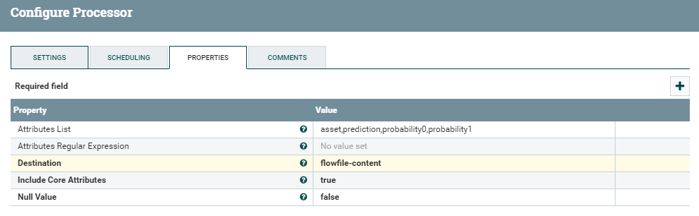 Details of the AttributesToJSON processor