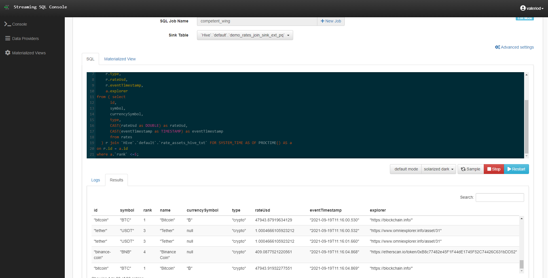 Using a Parquet table as Sink for a real-time join query