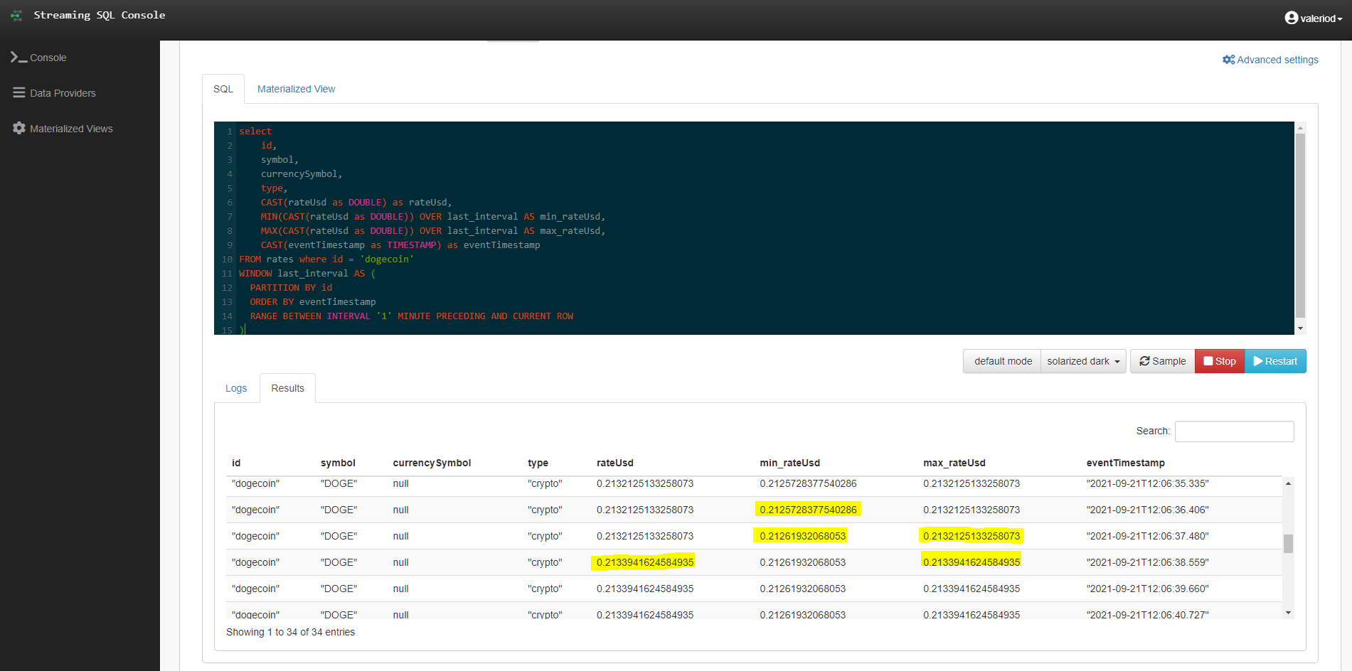 Results of a query using the Window function