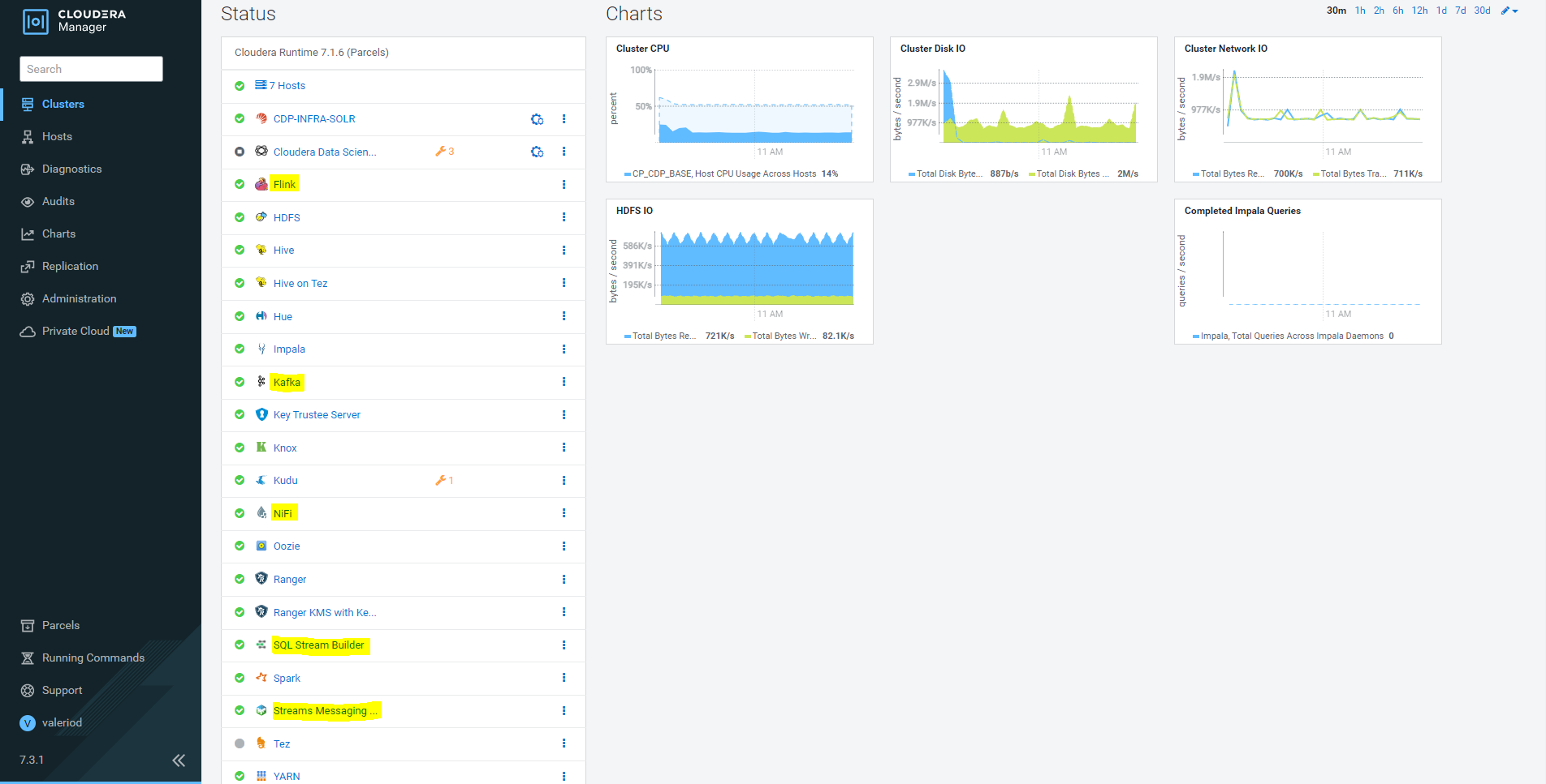 Cloudera Manager portal with highlighted CDF services