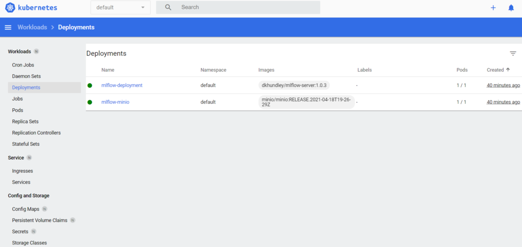 Dashboard showing the deployments of MinIO and MLflow.