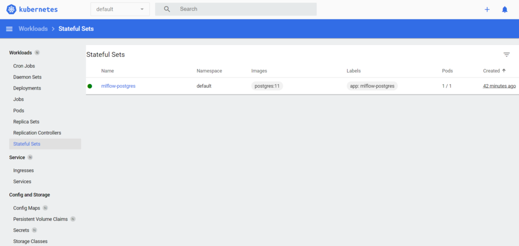 Dashboard showing the deployments of PostgreSQL.