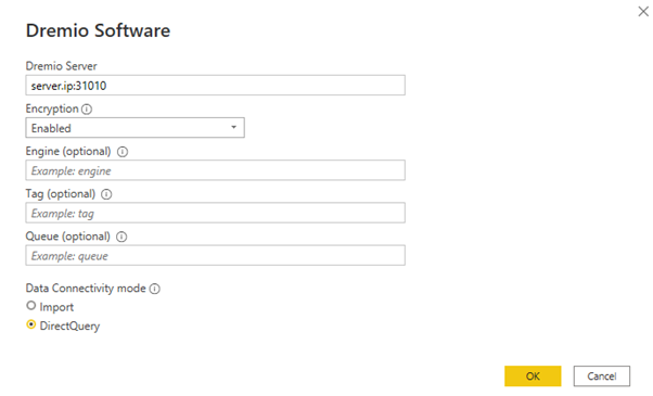 Configuring the connection to Dremio in Power BI