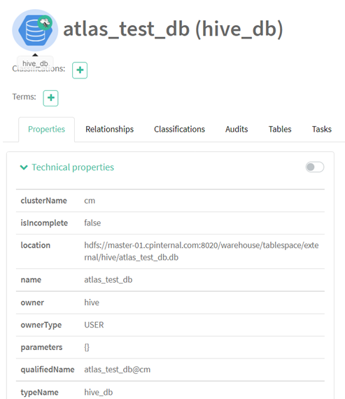 Figure 4 List of attributes captured for hive_db entity in Cloudera
