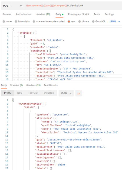 Figure 9 Creating cp_system Entity in Atlas via the REST Interface