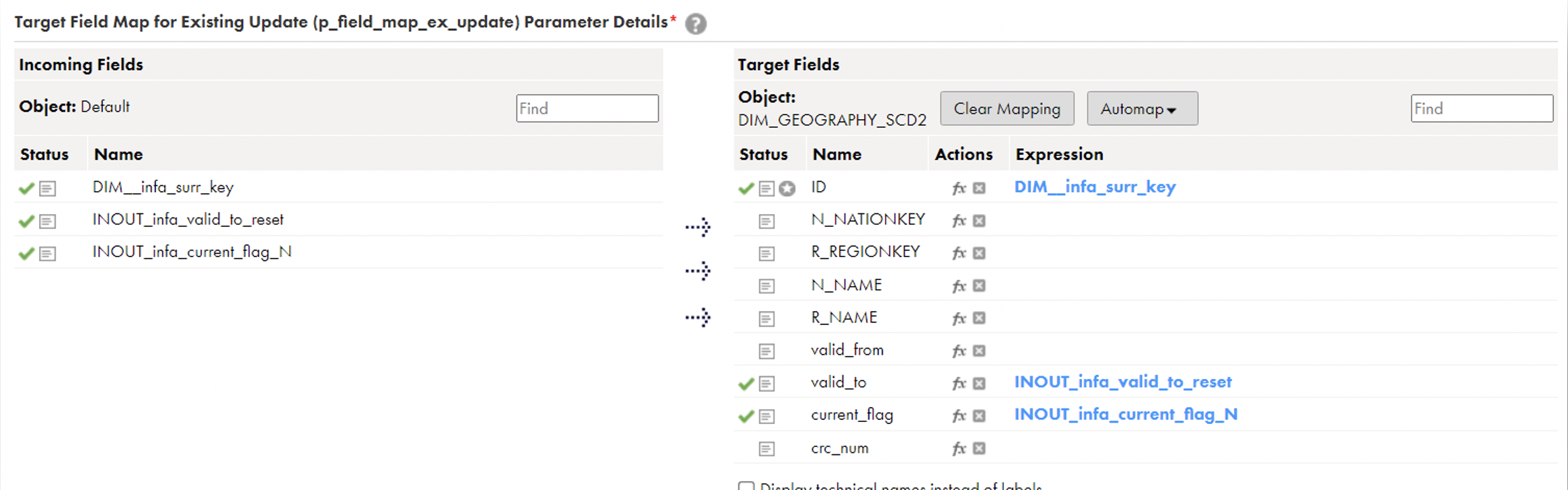 Target Field Map for Existing Update Screenshot