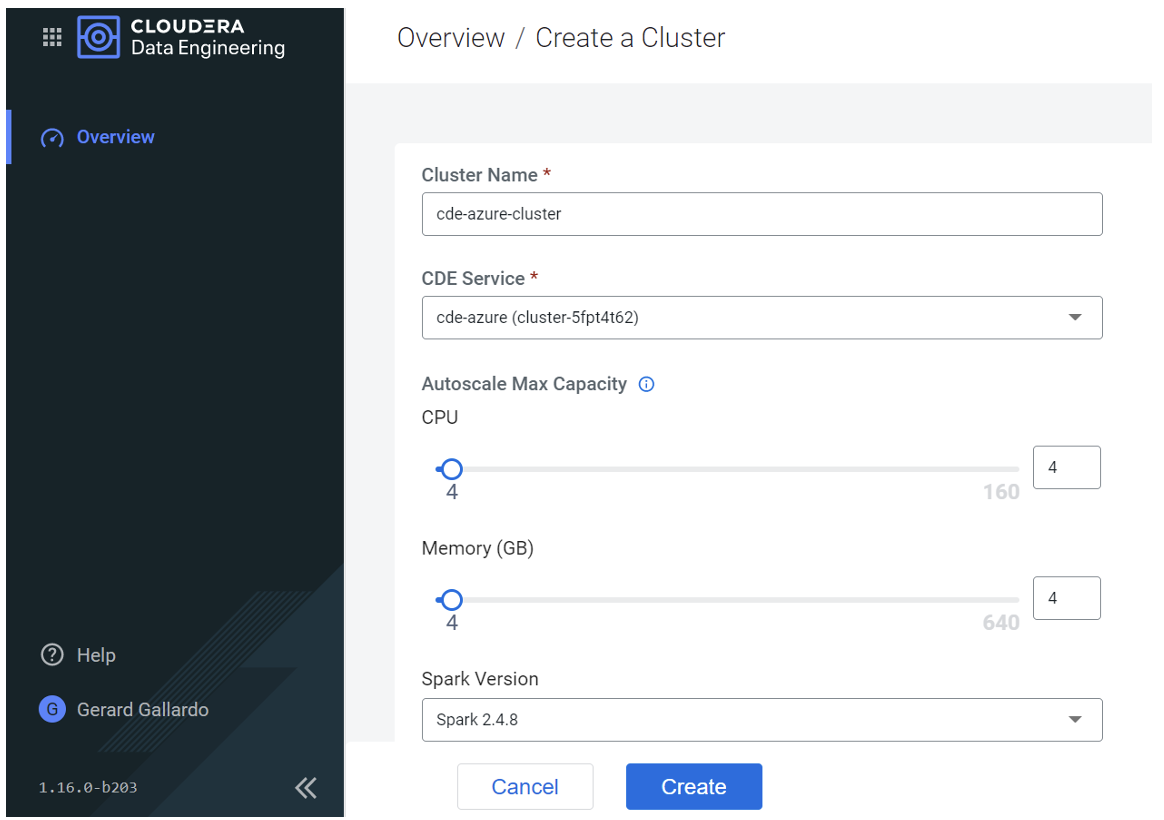 Creating a new CDE cluster screenshot