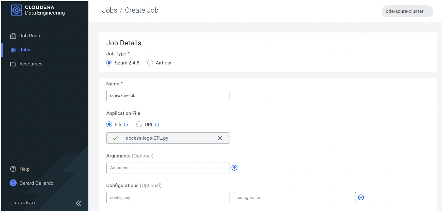 Creating a Spark job in CDE screenshot