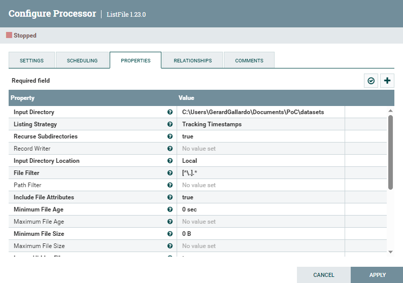 ListFile processor configuration parameters