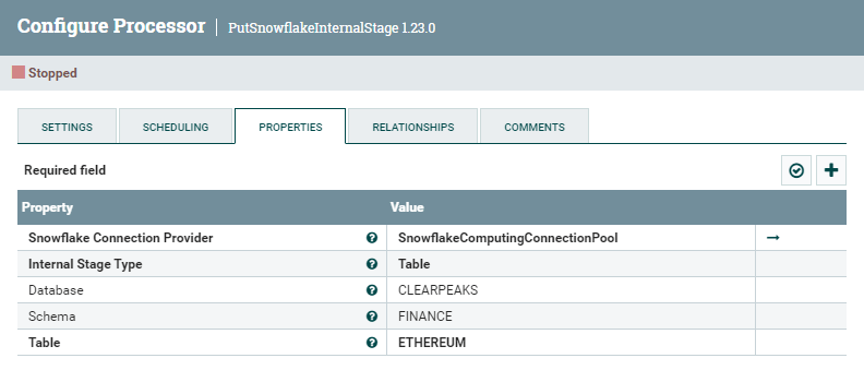 PutSnowflakeInternalStage processor configuration parameters