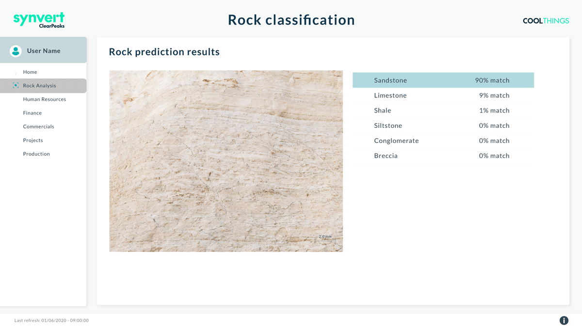 Screenshot of a rock classification dashboard