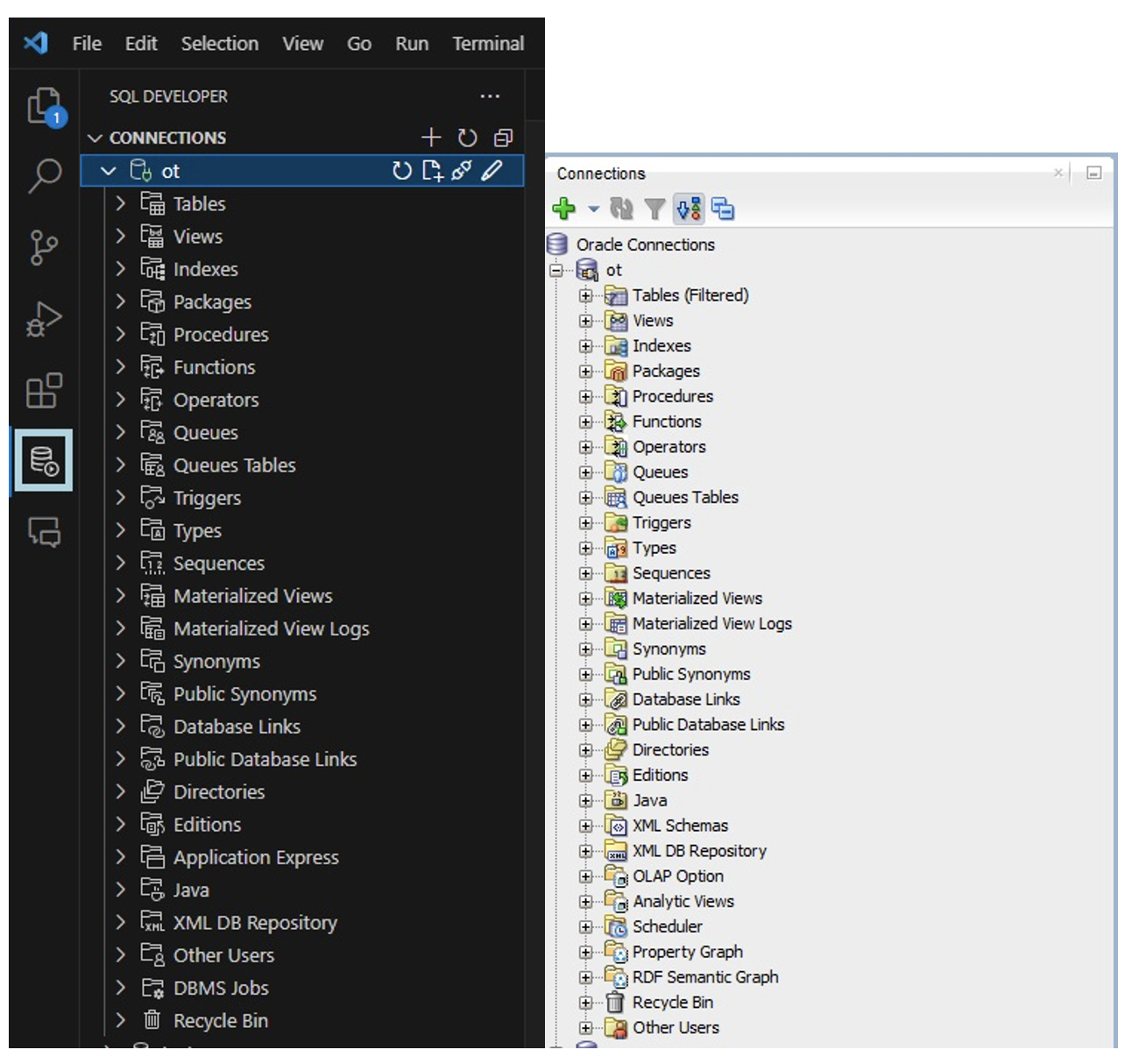 Conections in Oracle vs COde SQL