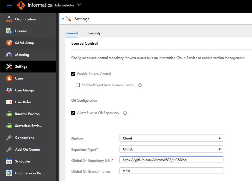 IDMC version control repository configuration
