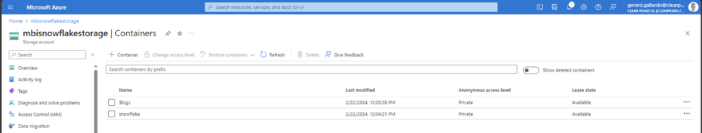 Storage account containers created in Microsoft Azure